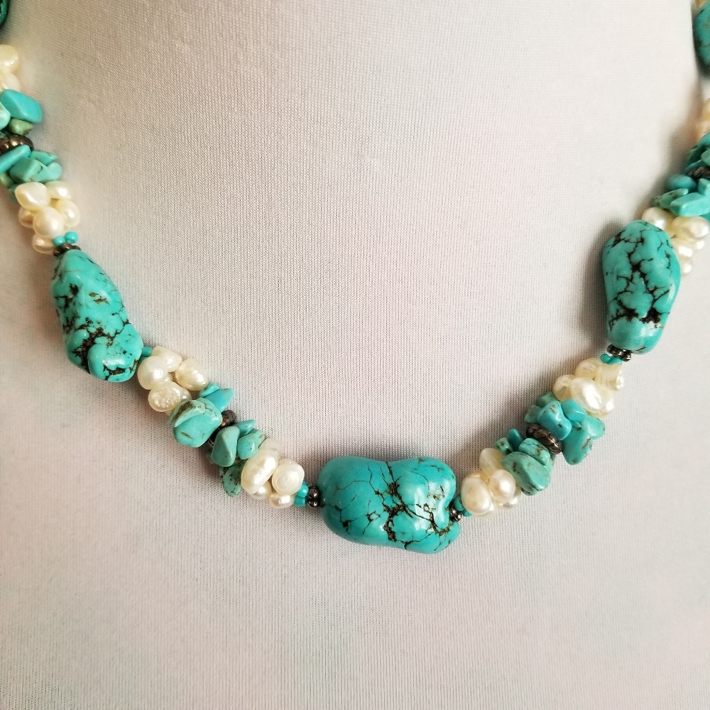 Necklace Southwestern Chunky real pearls and blue stone western style - Picture 4 of 17